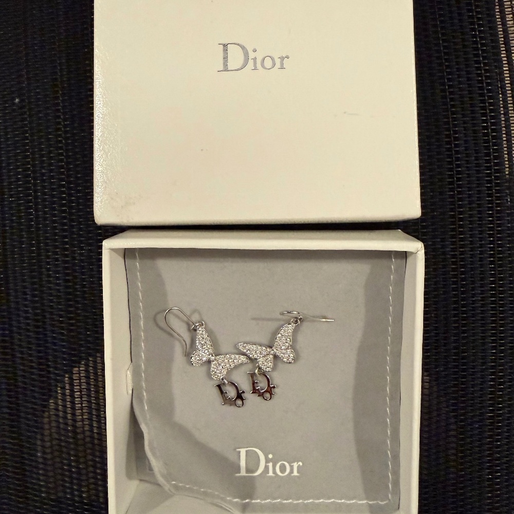 Christian Dior butterfly crystal silver earrings